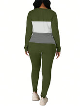 2pcs Women Contrast Stripe Round Neck Fitted Top And Pants Casual Suit For Autumn